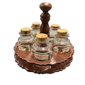 Vintage Wooden Spice Caddy Rack with Glass Jars Cork Lids Farmhouse Rustic